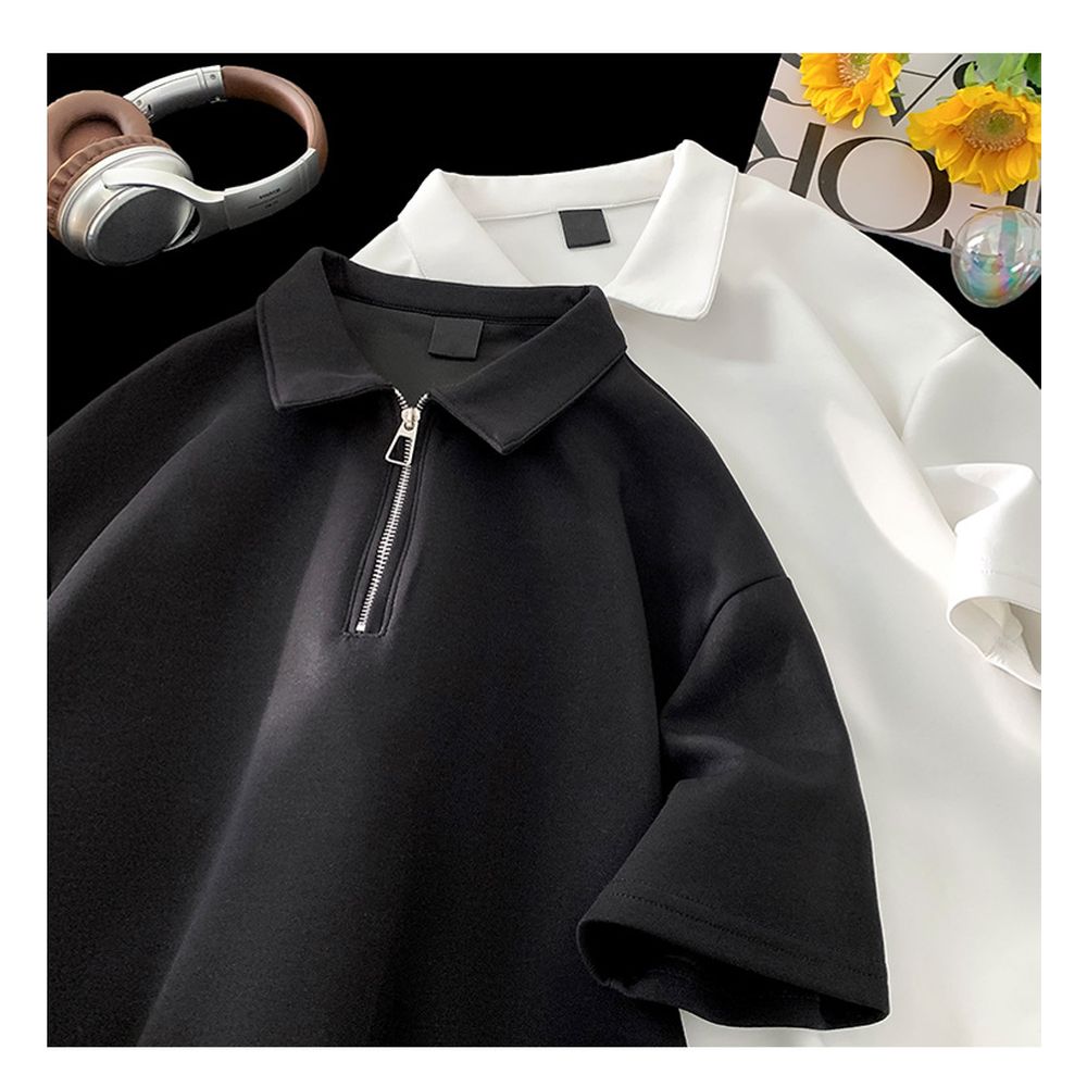 Men's Solid Color Half Zip Short Sleeve Polo Shirt Summer