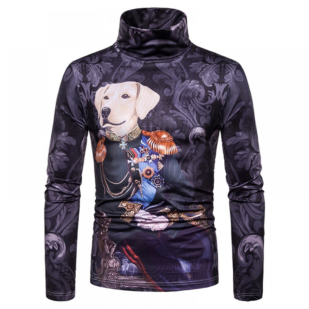 New Men's Plus Size 3D Duke Dog Pattern Printing High Neck Long Sleeve T-Shirt Bottoming Shirt